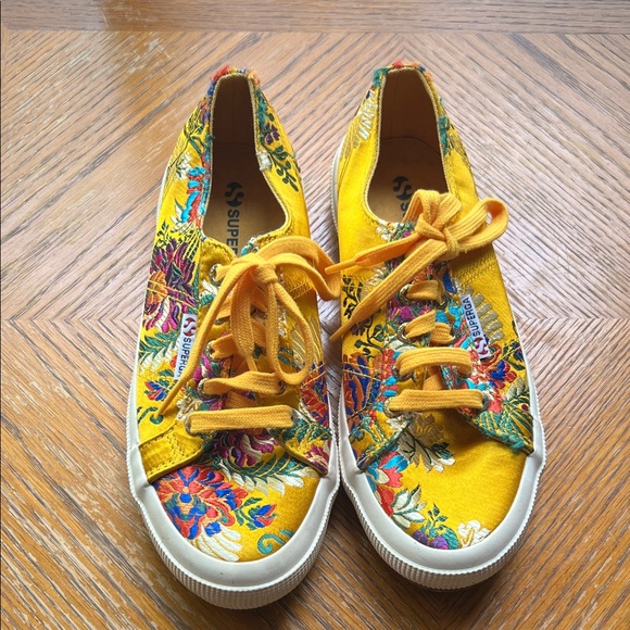 Superga Shoes - Superga Women Size 6.5 Yellow/Gold Satin Korelaw Embroidered Tennis Sneakers